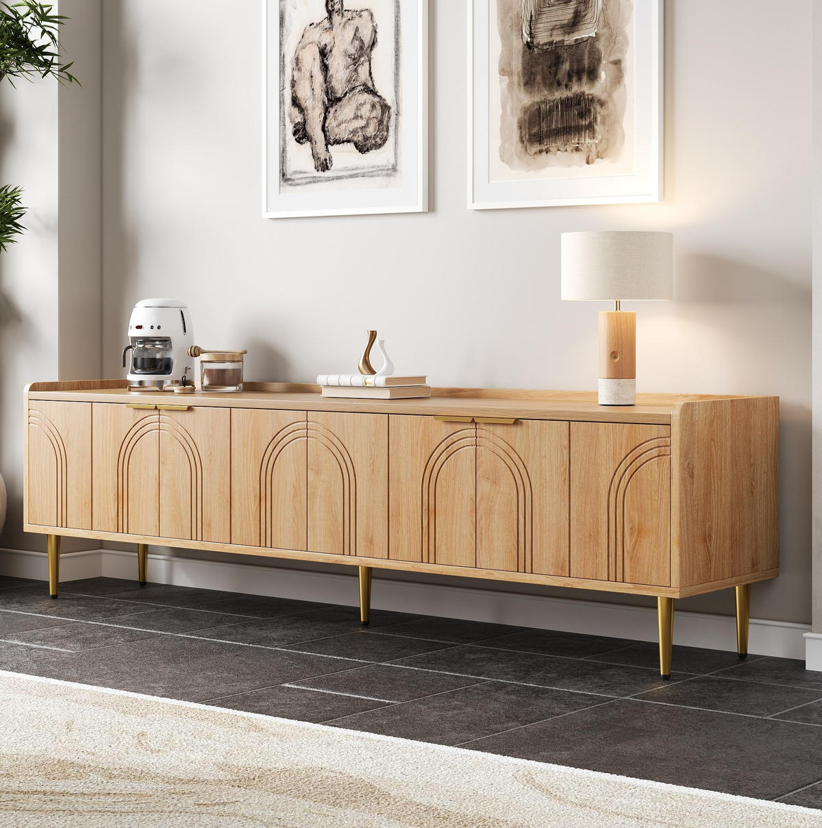 TV-LOWBOARD aus MDF 170x35x47,5 cm Natur mit Stauraum, Kabelmanagement und goldfarbenen Metallbeinen - Naturfarben, Holzwerkstoff (170/47.5/35cm) - IVMEU