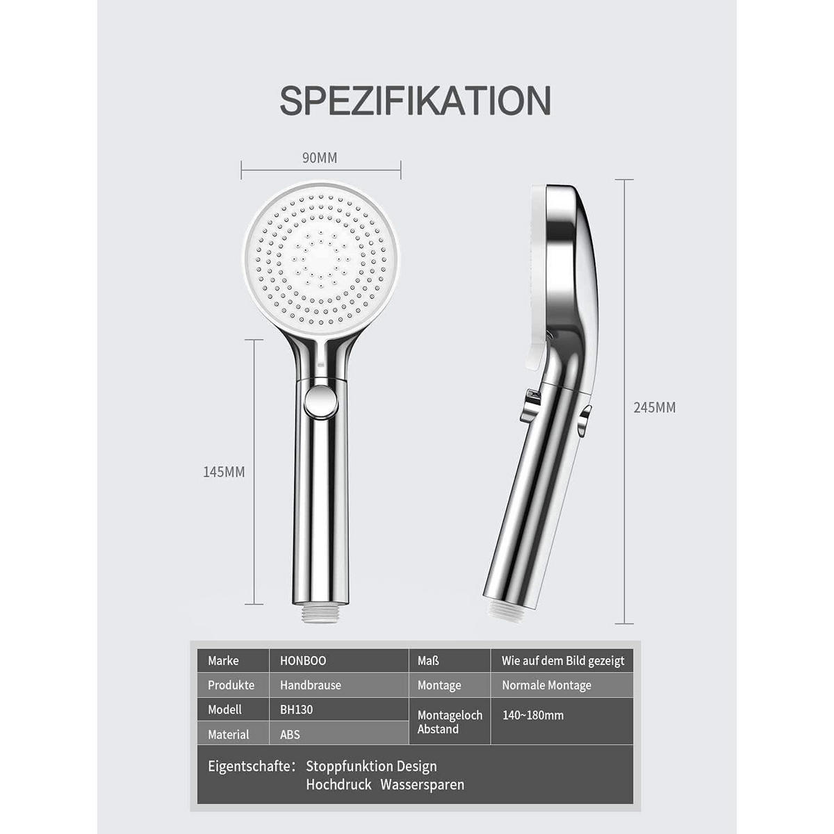 HANDBRAUSE mit Stoppfunktion Chrom 3 Strahlarten - Silberfarben, Metall (4/24.5/9cm)