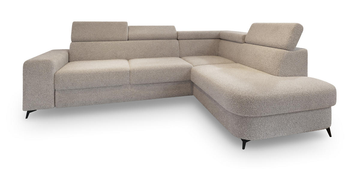 ECKSOFA ALVORO R-S Beige Boucle-Stoff mit Schlaffunktion - Beige, Holz (253/190cm) - MASSENO