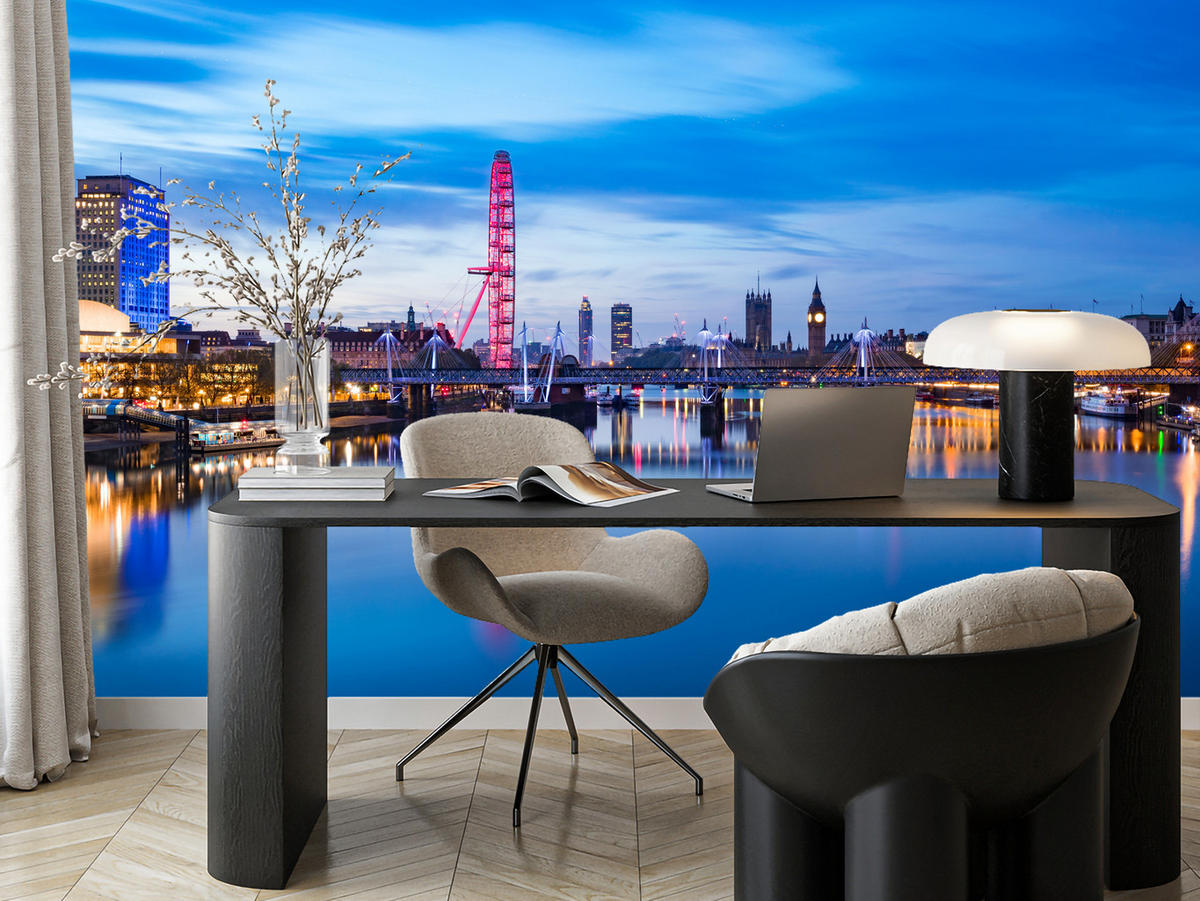 FOTOTAPETE für Wohnzimmer Panorama London Eye Themseufer 300x210 - Blau/Rot, Papier (300/210cm) - Muralo