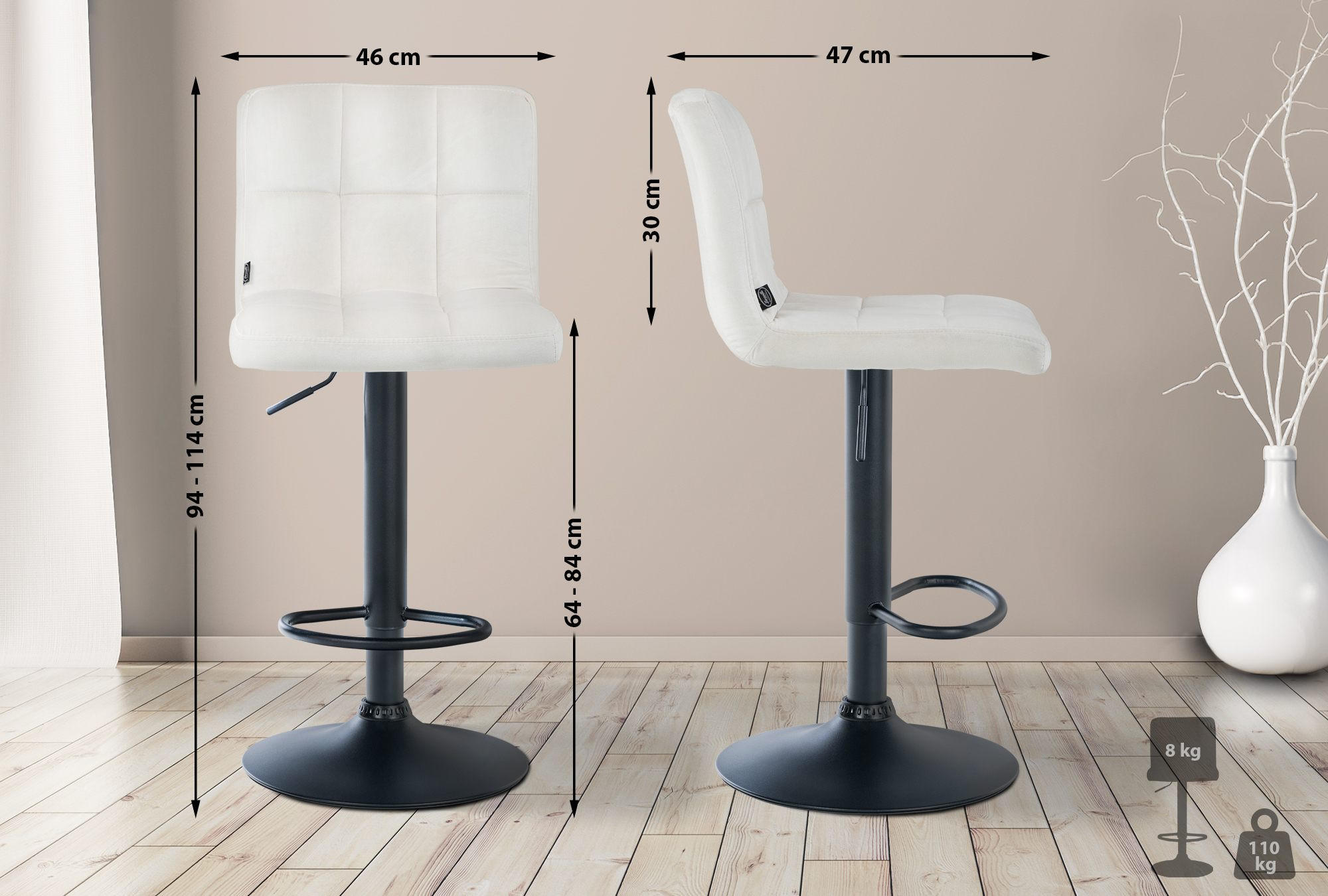 BARHOCKER BRISBAN Creme Samt Schwarz - Creme, Textil/Metall (46/94/47cm) - DELUKE