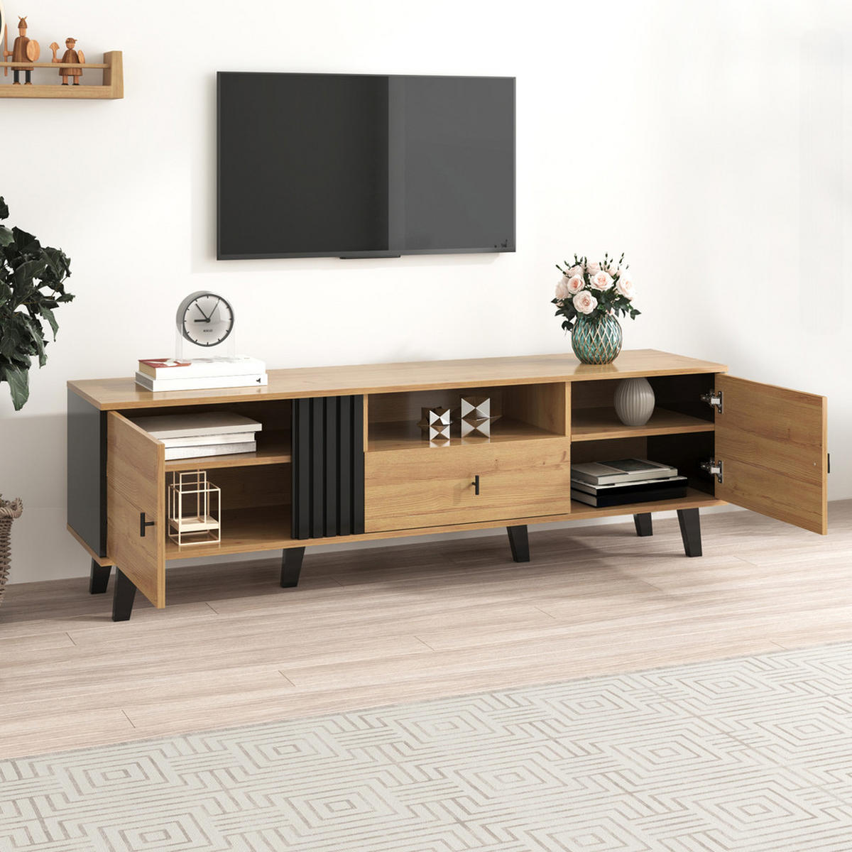 TV-SCHRANK 170cm Modern Holz & Schwarz Design Schubladen Stauraum - Braun, Holz (47/20.5/76.5cm) - FLIEKS