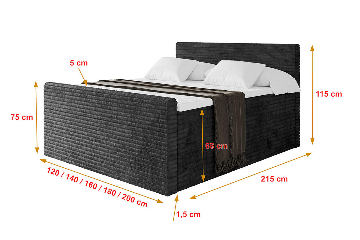 BOXSPRINGBETT mit Matratze H3|H4 und Lattenrost - TOLO-Z KING-v1 140x200 Cord - Schwarz - Schwarz, Holzwerkstoff (140/200cm)