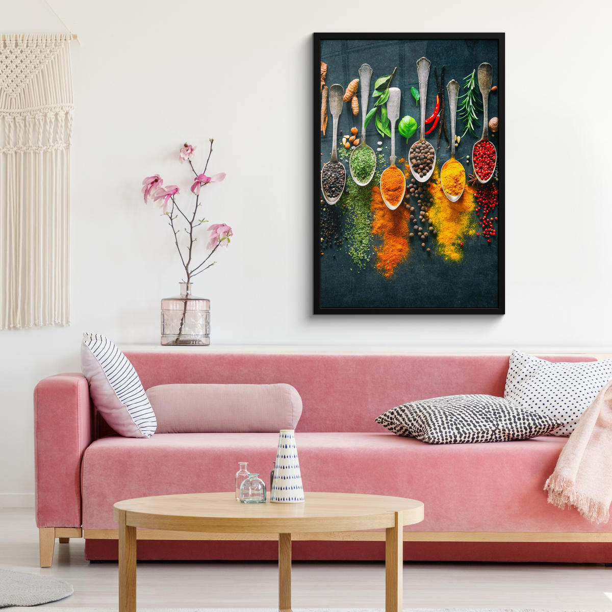 ZARÁMOVANÝ PLAGÁT Bylinky - korenie - lyžičky 60x90 cm - kari žltá, papier (60/90cm) - MuchoWow