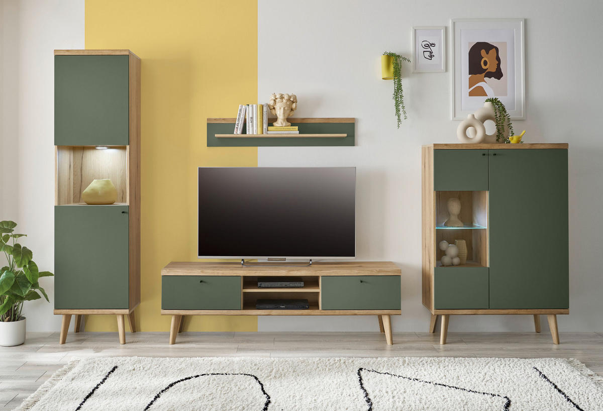 WOHNWAND 4-teilig salbei grün, Eiche Evoke, skandinavisch 320 cm, Schrankwand mit Vitrine - Salbeigrün/Eichefarben, Glas/Eichenholz (320/197/40cm) - Furn.Design