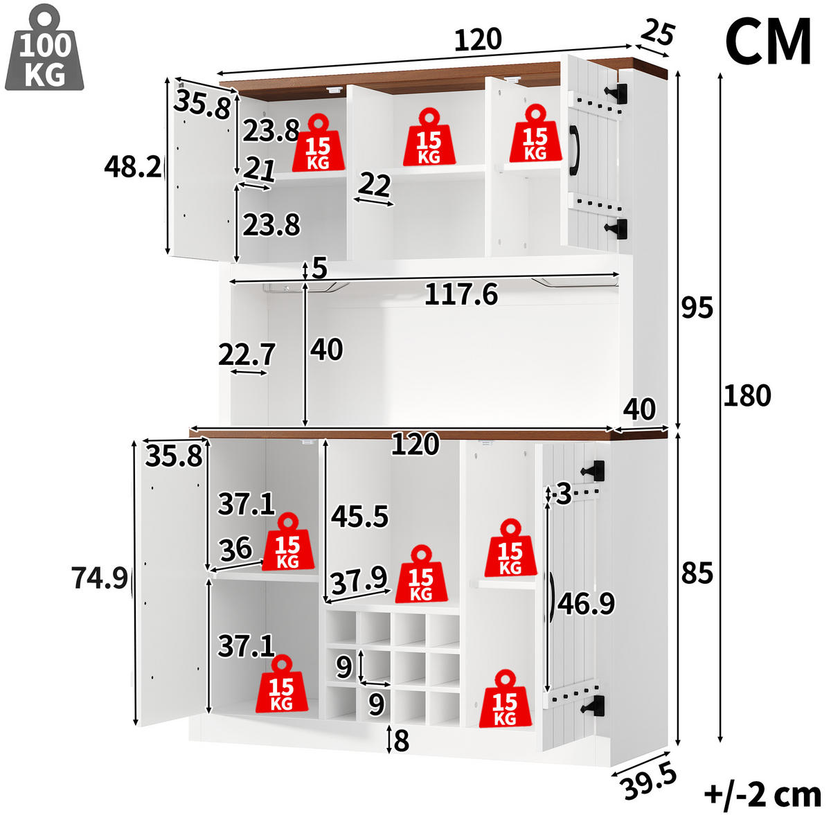 BUFFET DE-38491 120/40/180 cm mit Scheunentor-Design und LED Weiß - Weiß, Holzwerkstoff (120/180/40cm) - ComfortXL