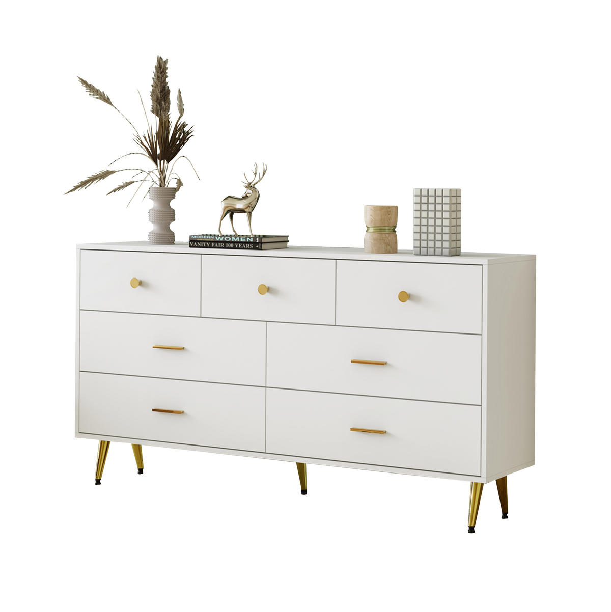 SIDEBOARD mit 7 Schubladen, mit goldenen Griffen und goldenen Beinen, 140/35/76 cm, Weiß - Weiß, Holzwerkstoff (140/76/35cm) - Redom