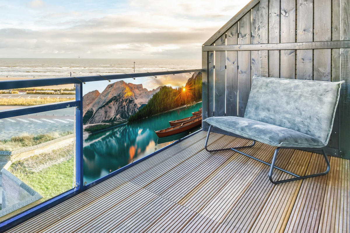 BALKON-SICHTSCHUTZ See - Berge - Sonnenuntergang - Boot - Petrol, Kunststoff (200/90cm) - MuchoWow