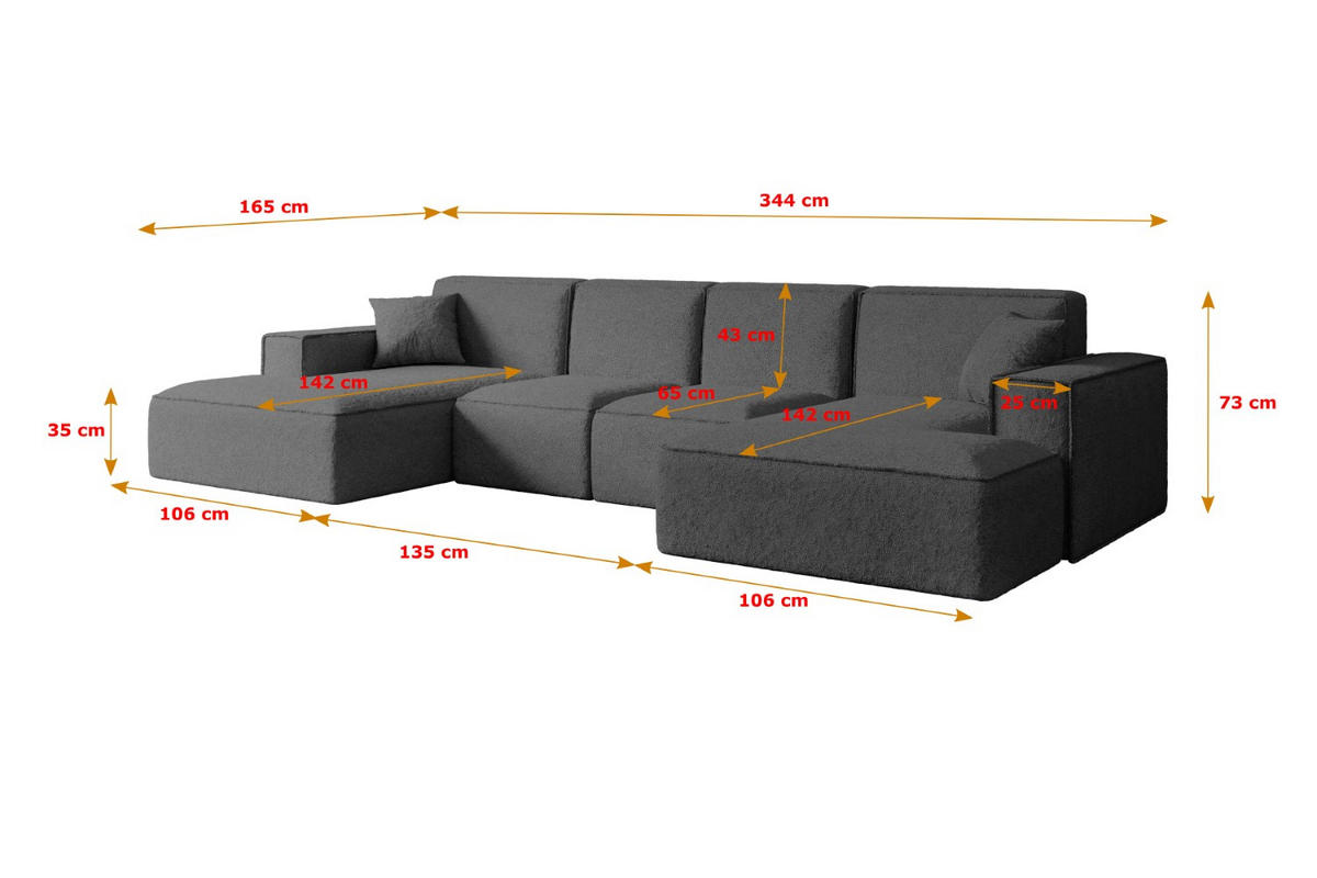 WOHNLANDSCHAFT SIERRA-U - 344x165x73 cm Grau Bouclé - Schwarz/Grau, Holzwerkstoff/Kunststoff (344/73/165cm) - ALTDECOR