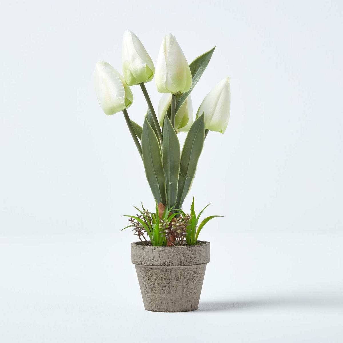 KUNSTBLUMEN Tulpen weiß im Steinoptik-Topf, 27 cm - Weiß, Kunststoff (27cm) - Homescapes