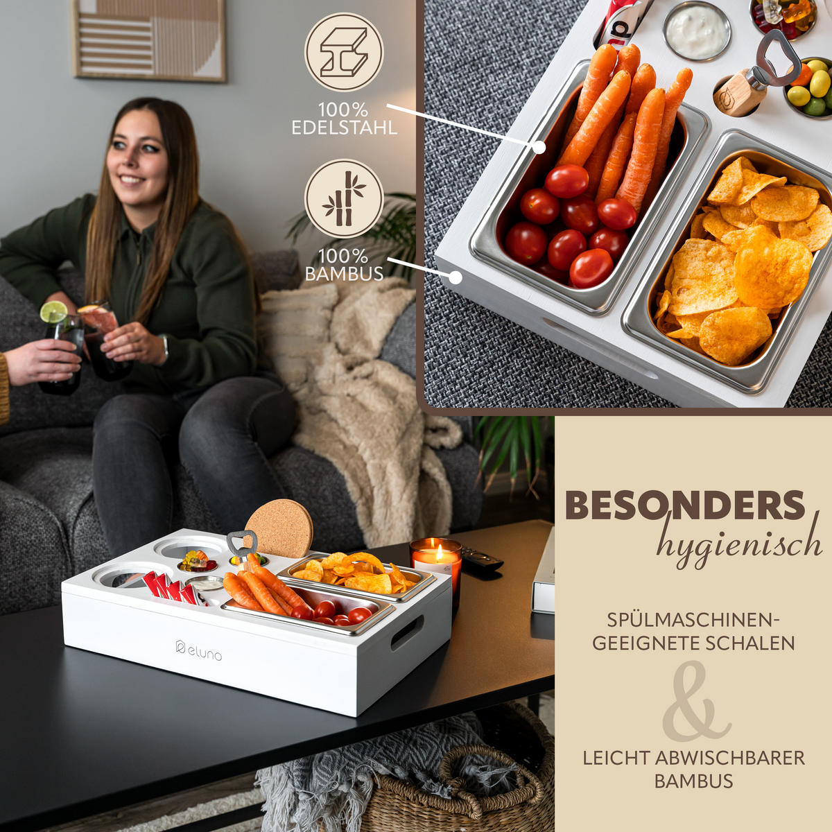 COUCHBAR mit abnehmbarem Deckel, Bambus, weiß - Weiß, Holz (27.5/8/40cm) - eluno