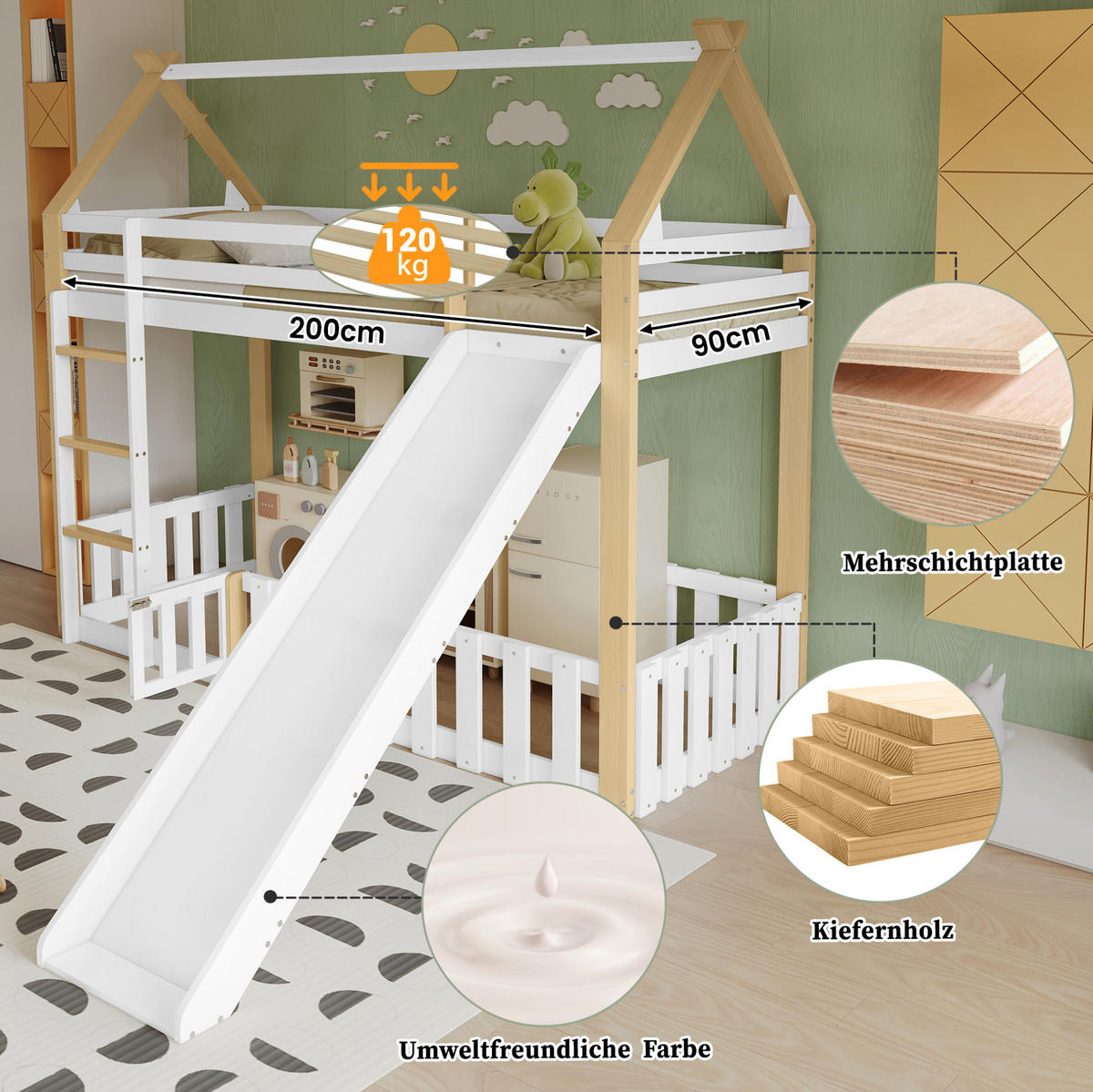 ETAGENBETT 90/200 cm aus Kiefer, MDF und Sperrholz mit Rutsche, Weiß/Natur - Naturfarben, Holz (90/200cm) - OKMYHOME