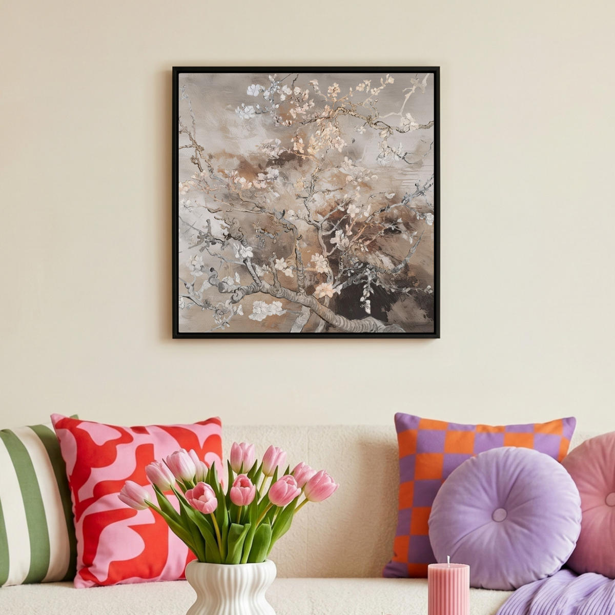 LEINWAND Bilder mit Rahmen - Mandelblüte - Kunst - Van Gogh - Beige - Abstrakt - 50x50 - Braun, Textil (50/50cm) - MuchoWow