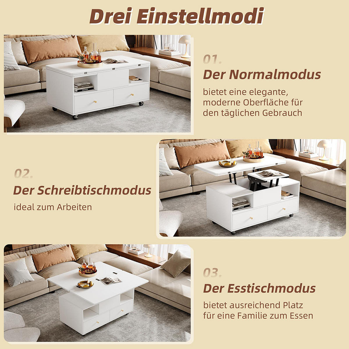 COUCHTISCH in 100 x 50 x 47,5 cm mit universalrollen, Höhenverstellbarer - Weiß, Holzwerkstoff (100/50/47.5cm) - KOMHTOM