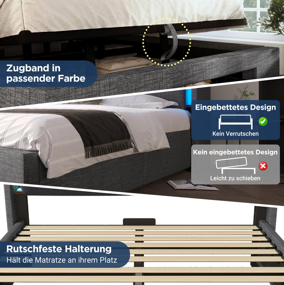 OBLAZINJENA postelja 160/200 cm v laneni tkanini z LED osvetlitvijo, USB in USB-C ter hidravličnim prostorom za shranjevanje, Siva - siva, tekstil (160/200cm) - Redom