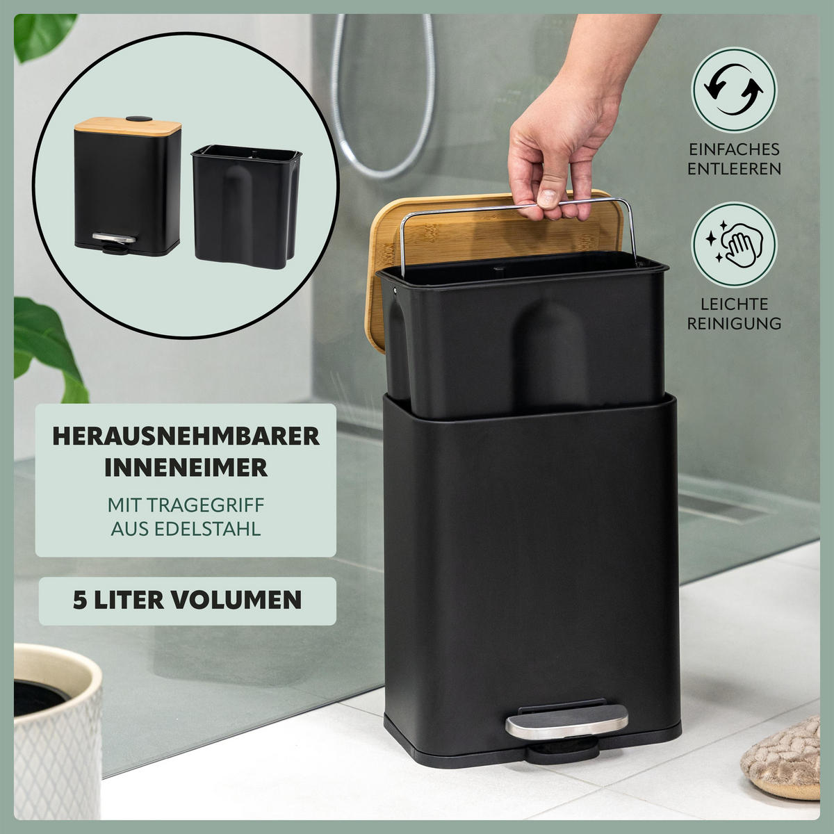 KOSMETIKEIMER 5 Liter Bambus und Metall, schwarz - Schwarz, Metall (22.5/28.5/21.5cm) - bremermann