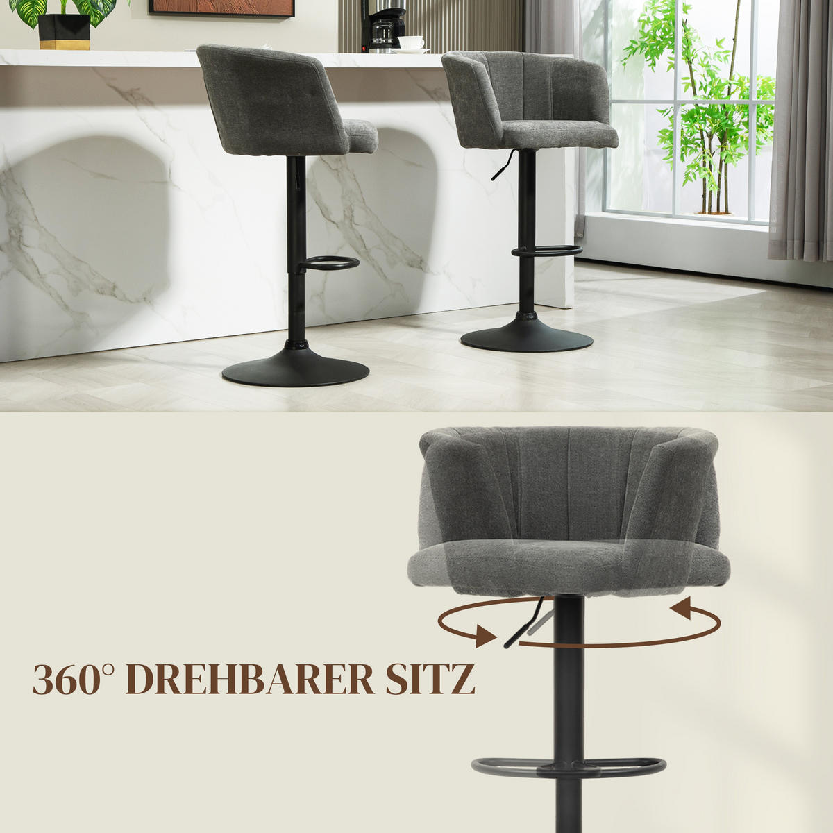 2ER-SET Barhocker, Bistrohocker mit Fußstütze, Drehbar Barstuhl Höhenverstellbar - Dunkelgrau/Schwarz, Kunststoff/Textil (53/110/59cm) - HOMCOM