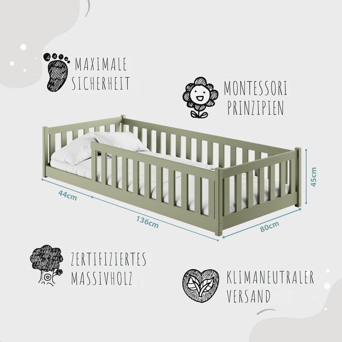 BODENBETT 80x180 cm in Olivgrün mit Matratze - Olivgrün, Holz (80/180cm) - Kids Collective