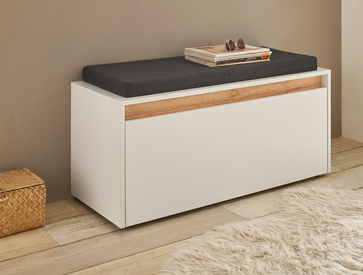 GARDEROBENBANK weiß, Eiche Wotan 100 cm, Schuhbank mit Sitzkissen - Silberfarben/Eiche Wotan, Holzwerkstoff/Kunststoff (100/45/40cm) - Furn.Design