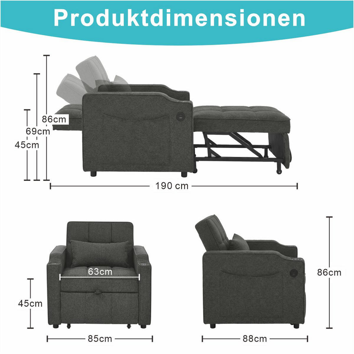 SCHLAFSESSEL DE-35033 3-in-1 mit USB-C und Getränkehalter Grau - Dunkelgrau, Holz (85/86/190cm) - ComfortXL