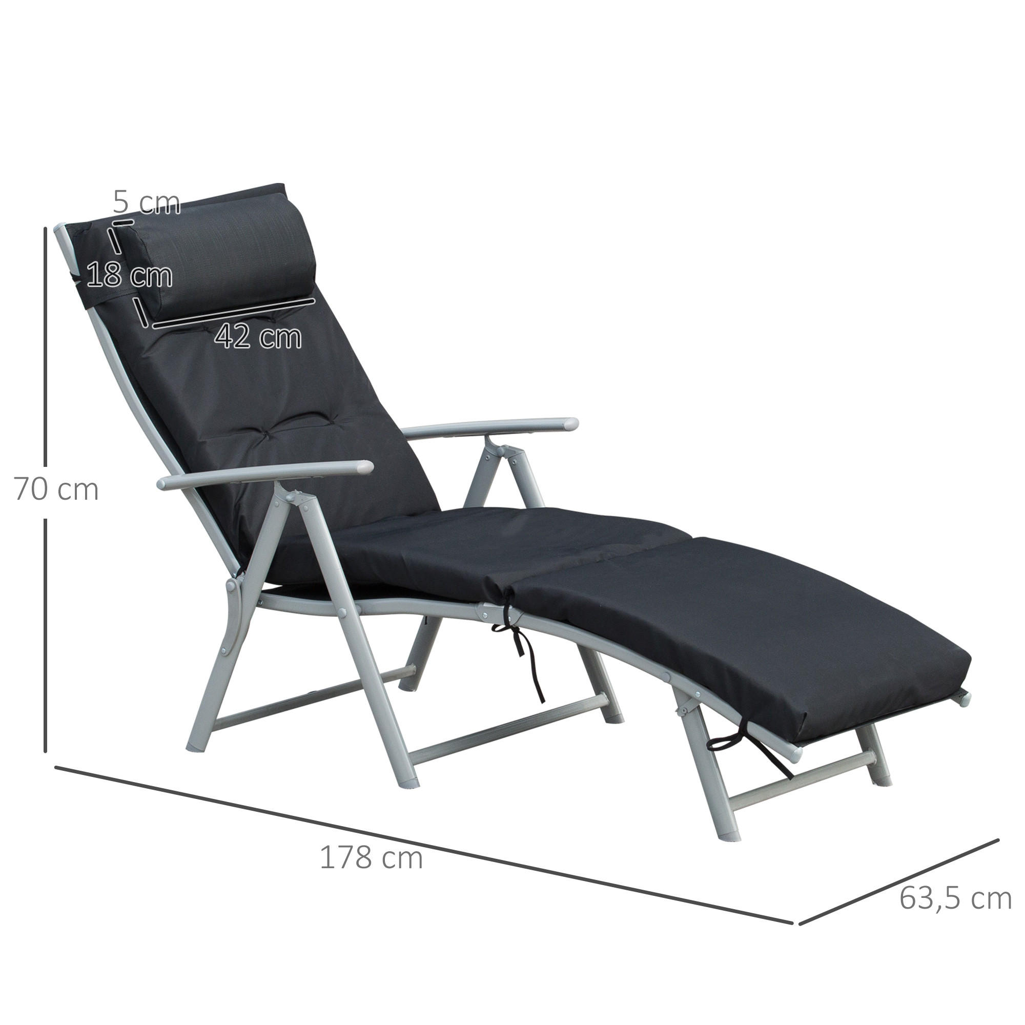 SONNENLIEGE, klappbar mit Kissen, Metall+Stoff, Schwarz, 137 x 63,5 x 100,5 cm - Silberfarben/Schwarz, Metall (63.5/100.5/137cm) - Outsunny