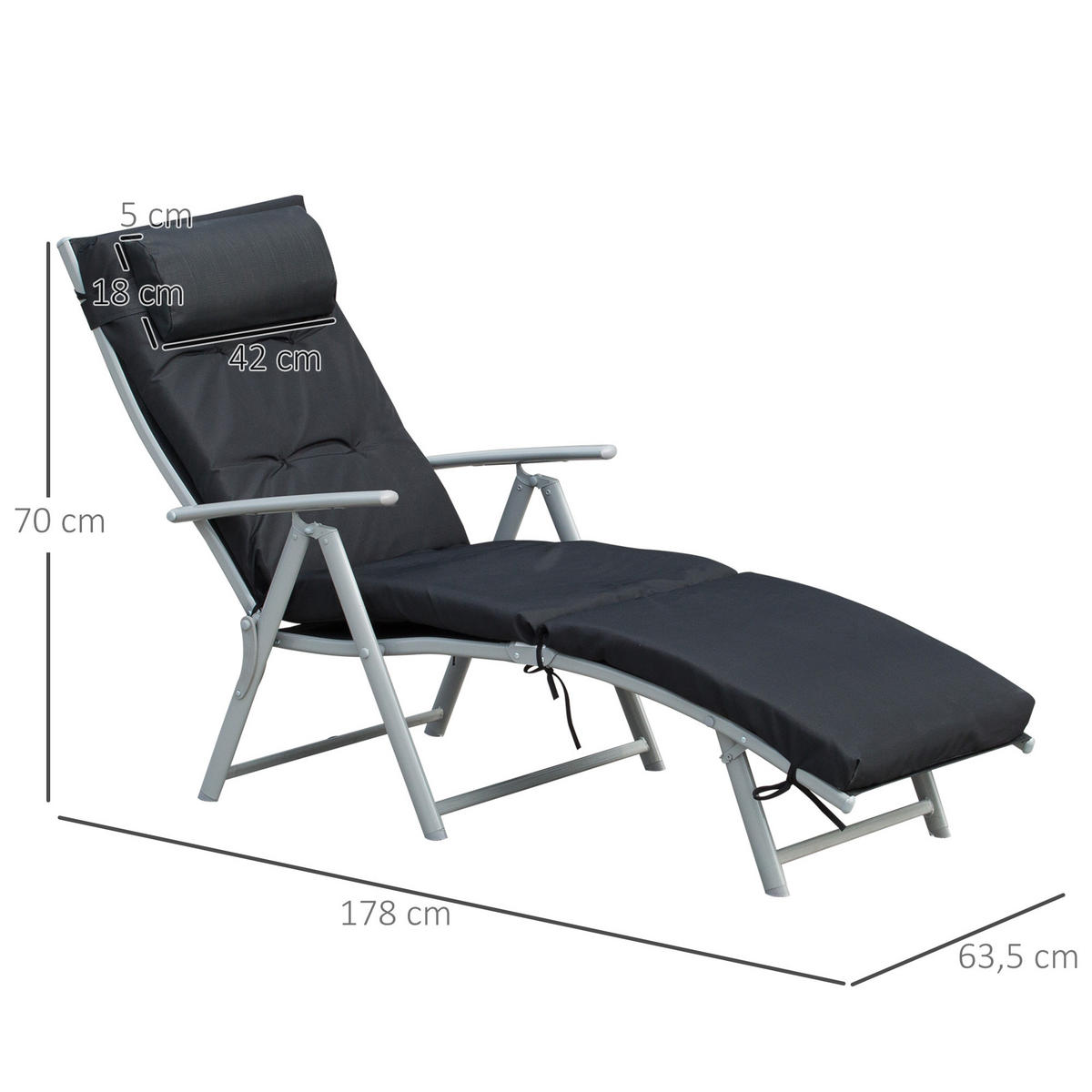 SONNENLIEGE, klappbar mit Kissen, Metall+Stoff, Schwarz, 137 x 63,5 x 100,5 cm - Silberfarben/Schwarz, Metall (63.5/100.5/137cm) - Outsunny