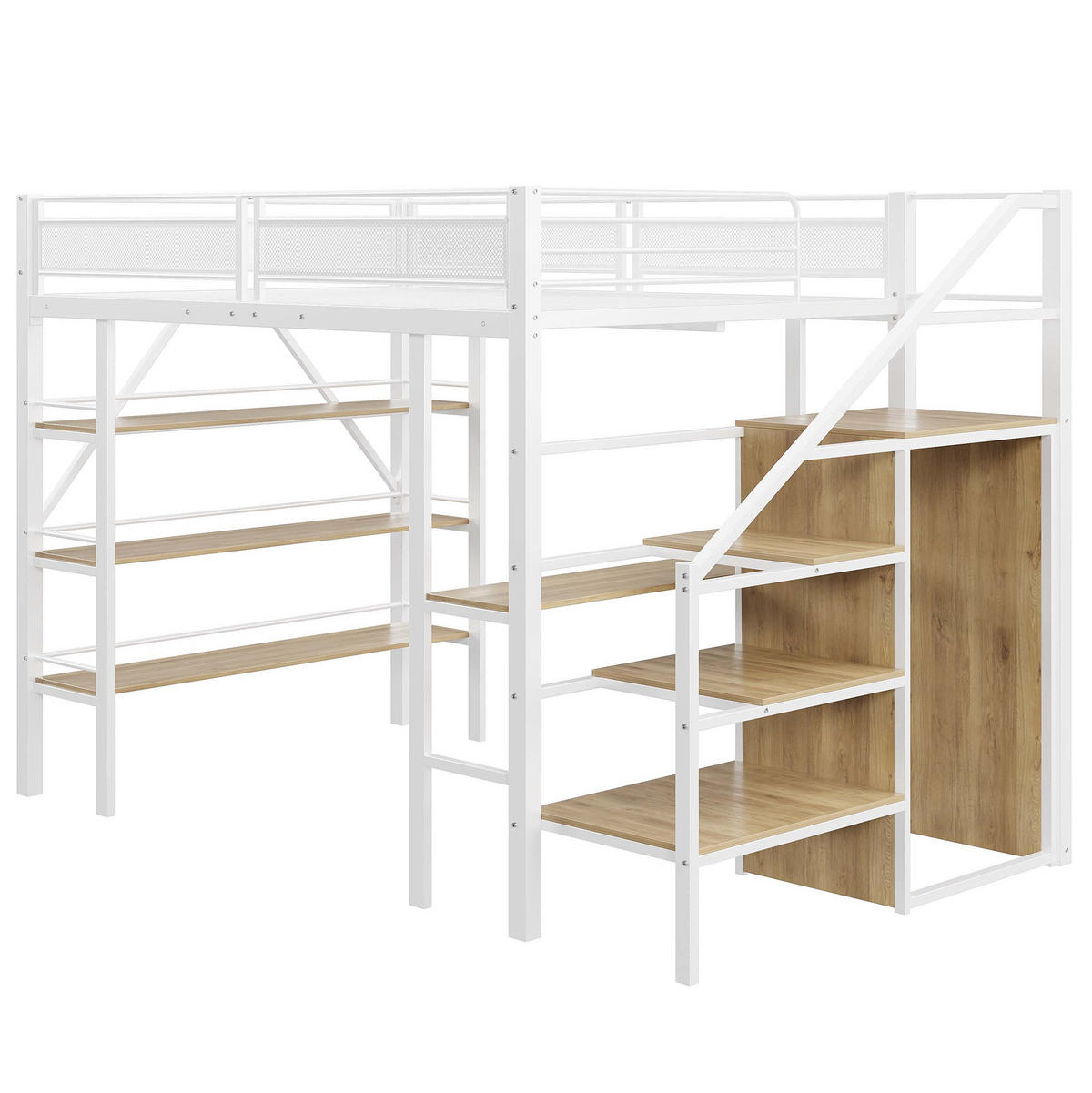 HOCHBETT 140/200 cm mit Schreibtisch, Regal, Kleiderschrank und Sicherheitstreppe aus Metall, Weiß - Weiß, Metall (140/200cm) - Redom