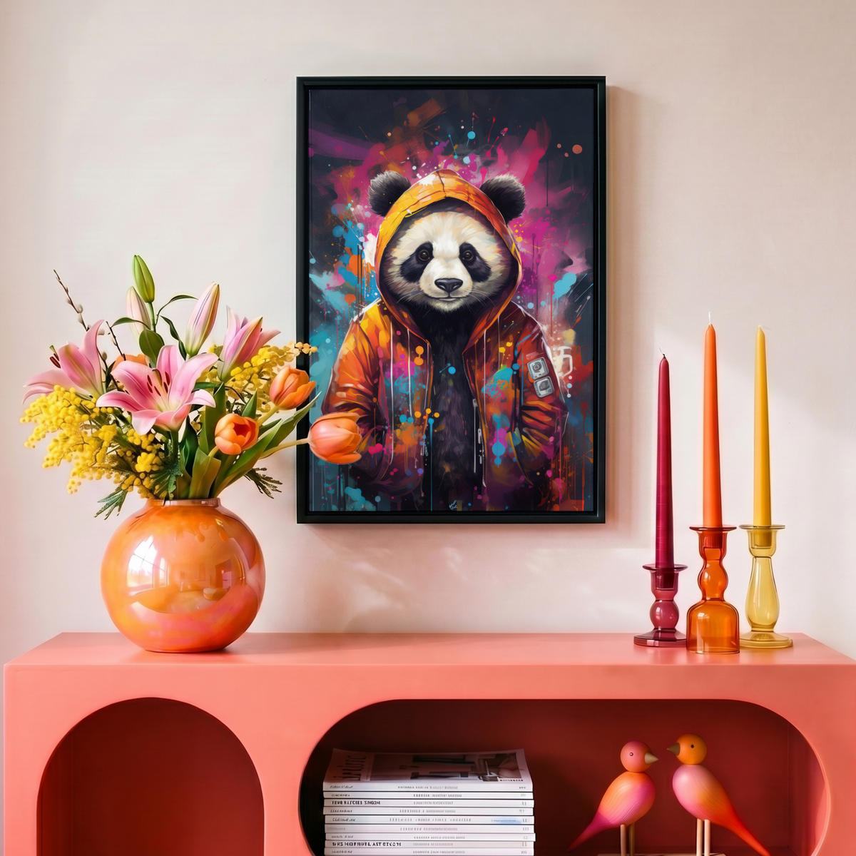 LEINWAND Bilder mit Rahmen - Panda - Jacke - Graffiti - Orange - 20x30 - Orange, Textil (20/30cm) - MuchoWow