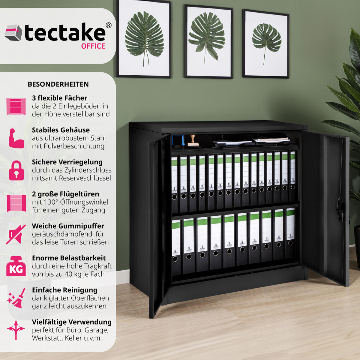 AKTENSCHRANK ,90 x 40 x 90 cm,schwarz - Schwarz, Metall (40/90/90cm) - tectake