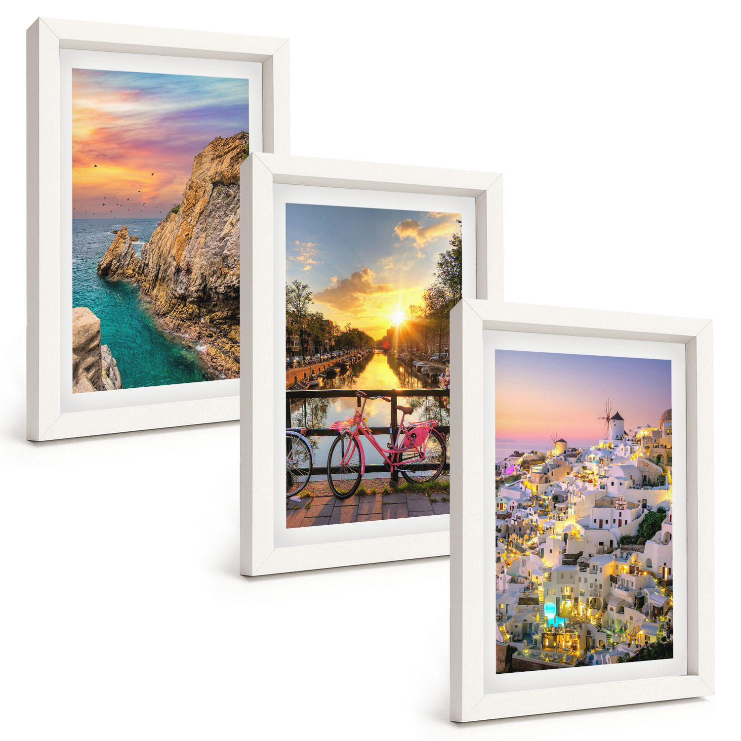 BILDER SET 3er Set - 20x30 cm Weißer Rahmen - Sonnenuntergang am Meer - Weiß, Kunststoff (20/30cm) - TULUP