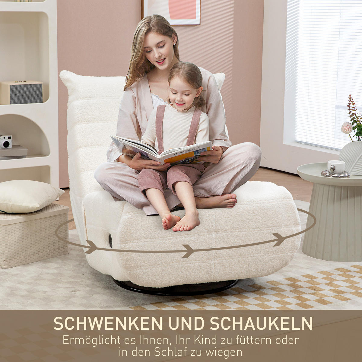 RELAXSESSEL Drehbar Fernsehsessel mit Liegefunktion, Schaukelfunktion Cremeweiß - Creme, Kunststoff (104/87/84cm) - HOMCOM