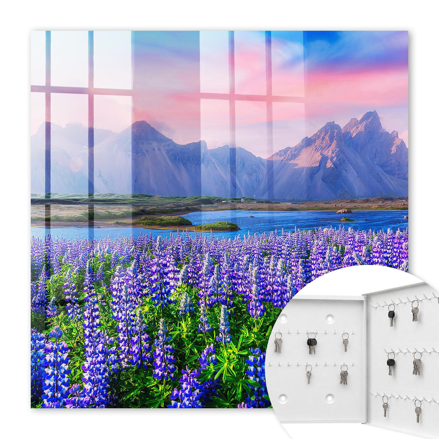 SCHLÜSSELBOX Weiß 30x30 cm – Türöffnung nach rechts - Berglandschaft - Lila, Metall (30/30/5cm) - TULUP