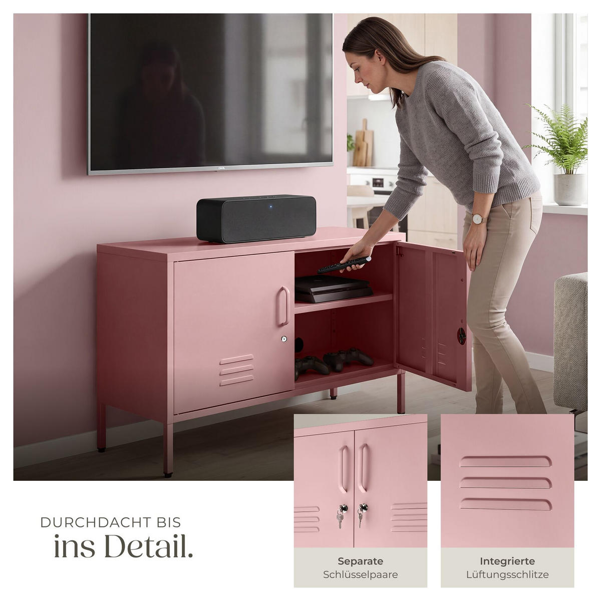 SIDEBOARD Baker, Kippschutz, höhenverstellbare Füße, rosa - Rosa, Metall (100/65/42.5cm) - tectake