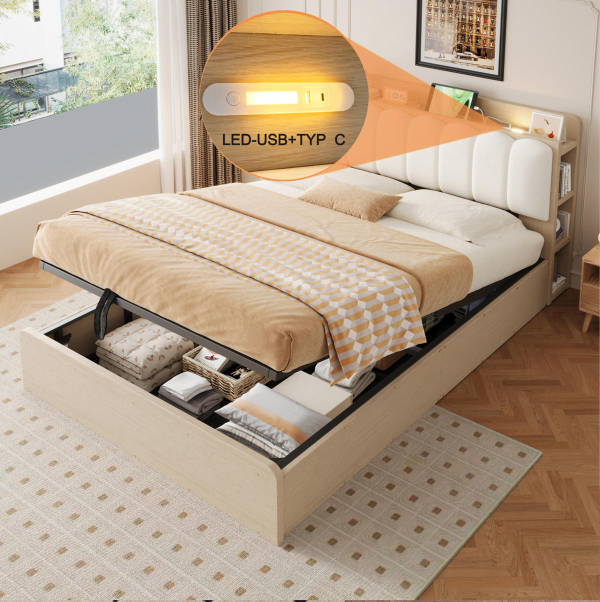BETT 140/200 cm aus Holz mit Stauraum, USB-Anschluss, Naturholz - Naturfarben, Holz (140/200cm) - OKMYHOME