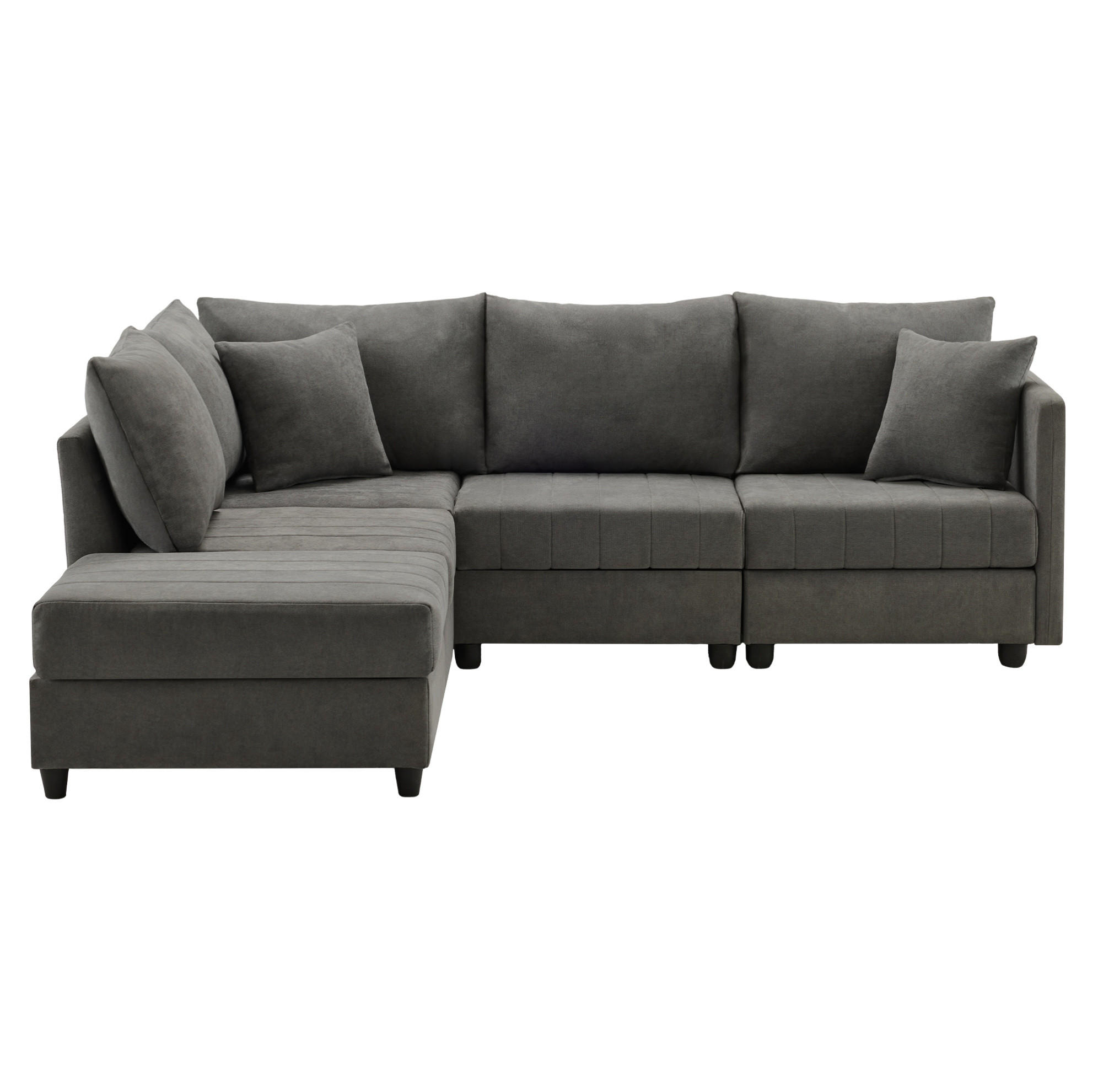 ECKSOFA 220/194/85 cm grau aus Baumwoll-Leinenstoff mit beweglichem Hocker - Grau, Textil (194/220cm) - OKWISH