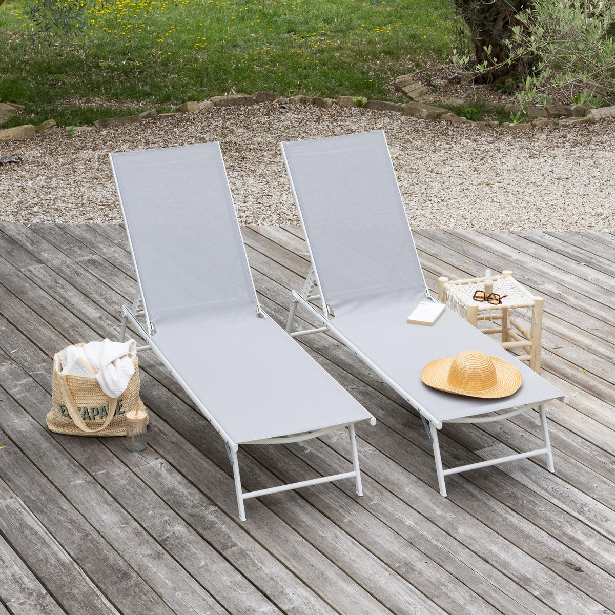 SONNENLIEGEN Sicilia Grau und Weiß 2er-Set - Grau, Kunststoff (54/87.5/182cm) - Happy Garden