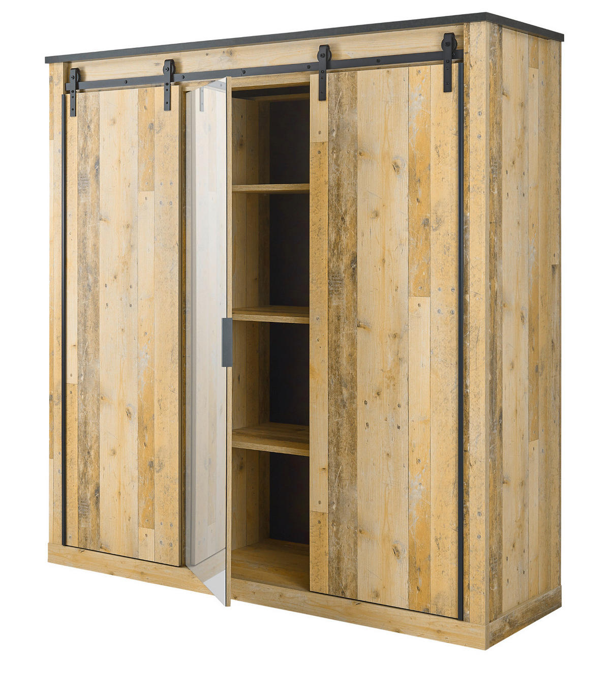 KLEIDERSCHRANK Used Wood hell, dunkles Grau 201 x 209 cm, Schiebetürenschrank 3-türig mit Spiegel - Dunkelgrau/Schwarz, Glas/Holzwerkstoff (201/209/63cm) - Furn.Design