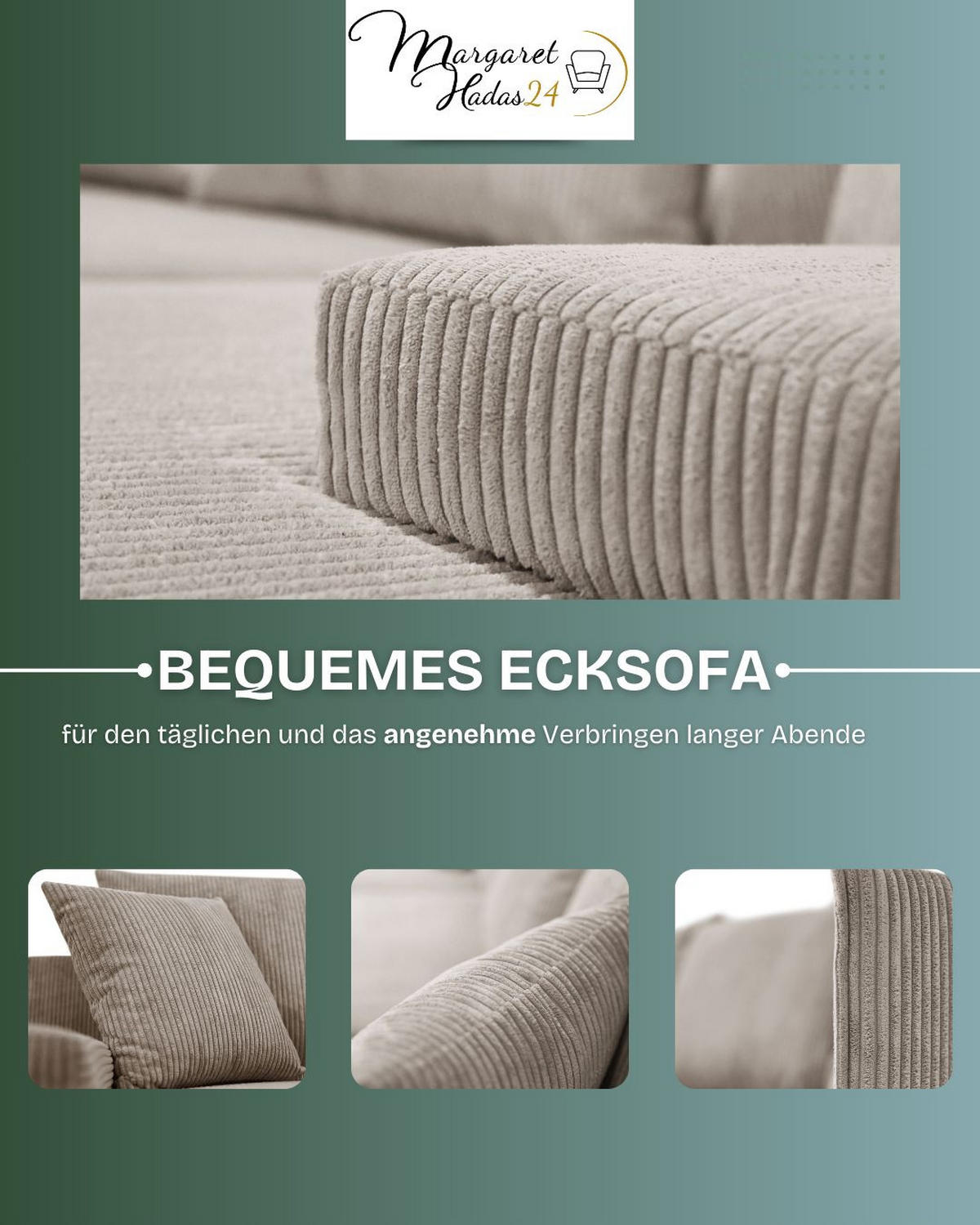ECKSOFA Lauren L- Form 246 x 188 cm, 4 Sitzer, Bettzeugablage, Sofa, Eckcouch, Cord, linke Seite, beige - Beige, Kunststoff (188/246cm) - Margaret Hadas24