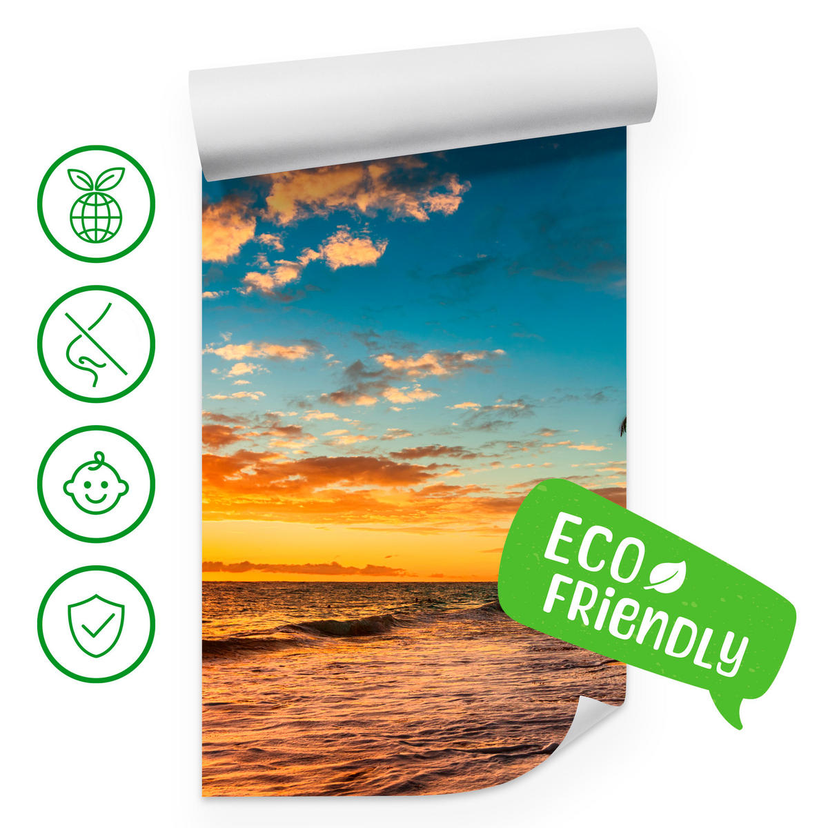 FOTOTAPETE Strand Meer Sonnenuntergang Natur 3D 100x70 - Gelb/Orange, Papier (100/70cm) - Muralo