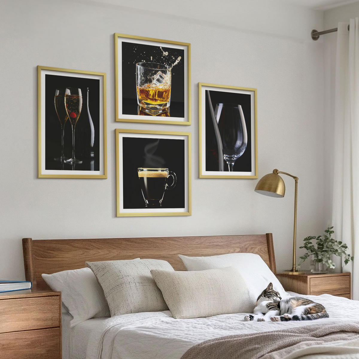 WANDBILDER 4er Set - 50x50 cm & 40x60 cm Goldrahmen - Whisky, Wein, Champagner, Kaffee, Alkohol - Goldfarben, Kunststoff (50/50cm) - ArtPrintCave