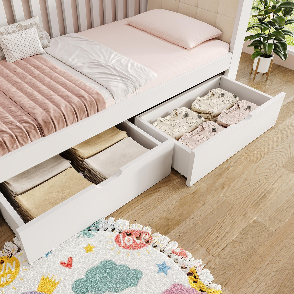 POLSTERBETT 90/200 cm Weiß aus Holz mit 2 Schubladen - Weiß, Textil (90/200cm) - OKMYHOME