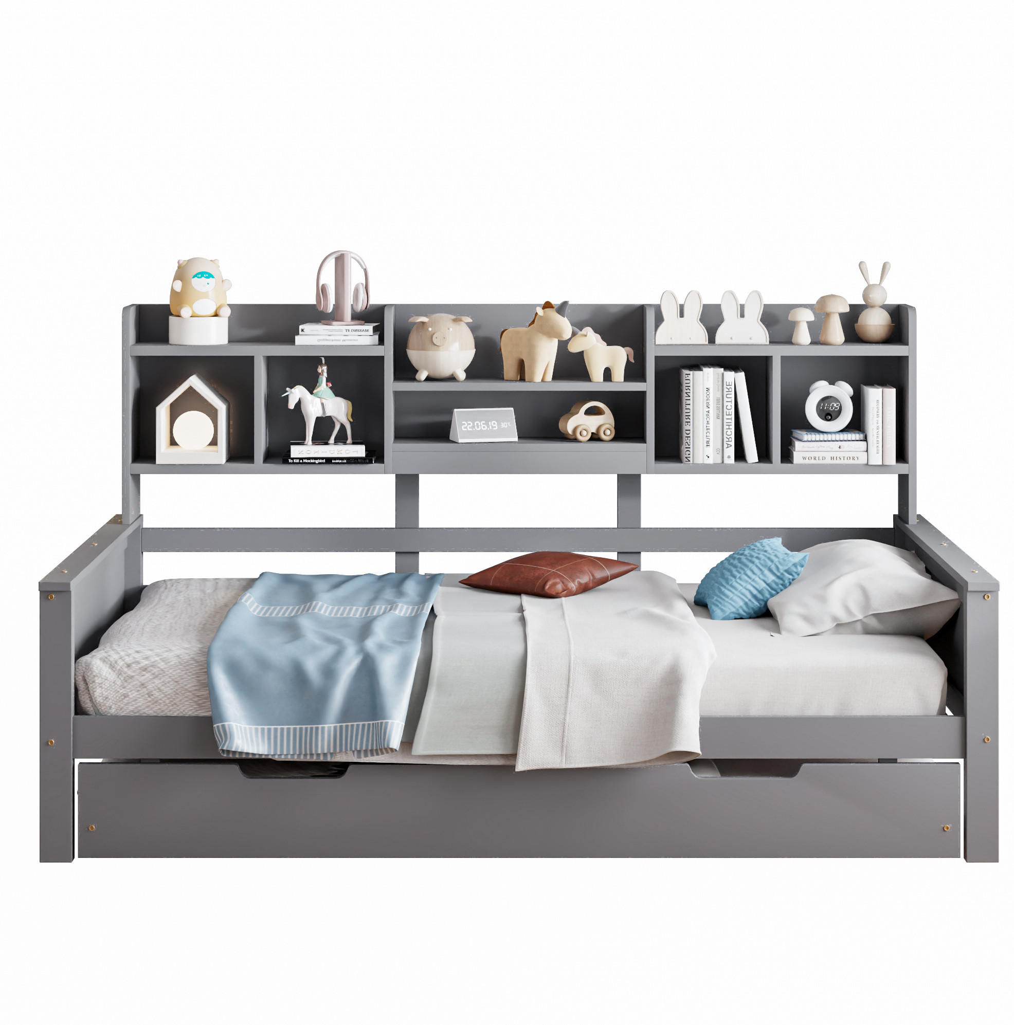 BETT mit integriertem Regal und Ausziehfunktion Kiefernholz Grau 90/200 cm - Grau, Holz (90/200cm) - OKWISH