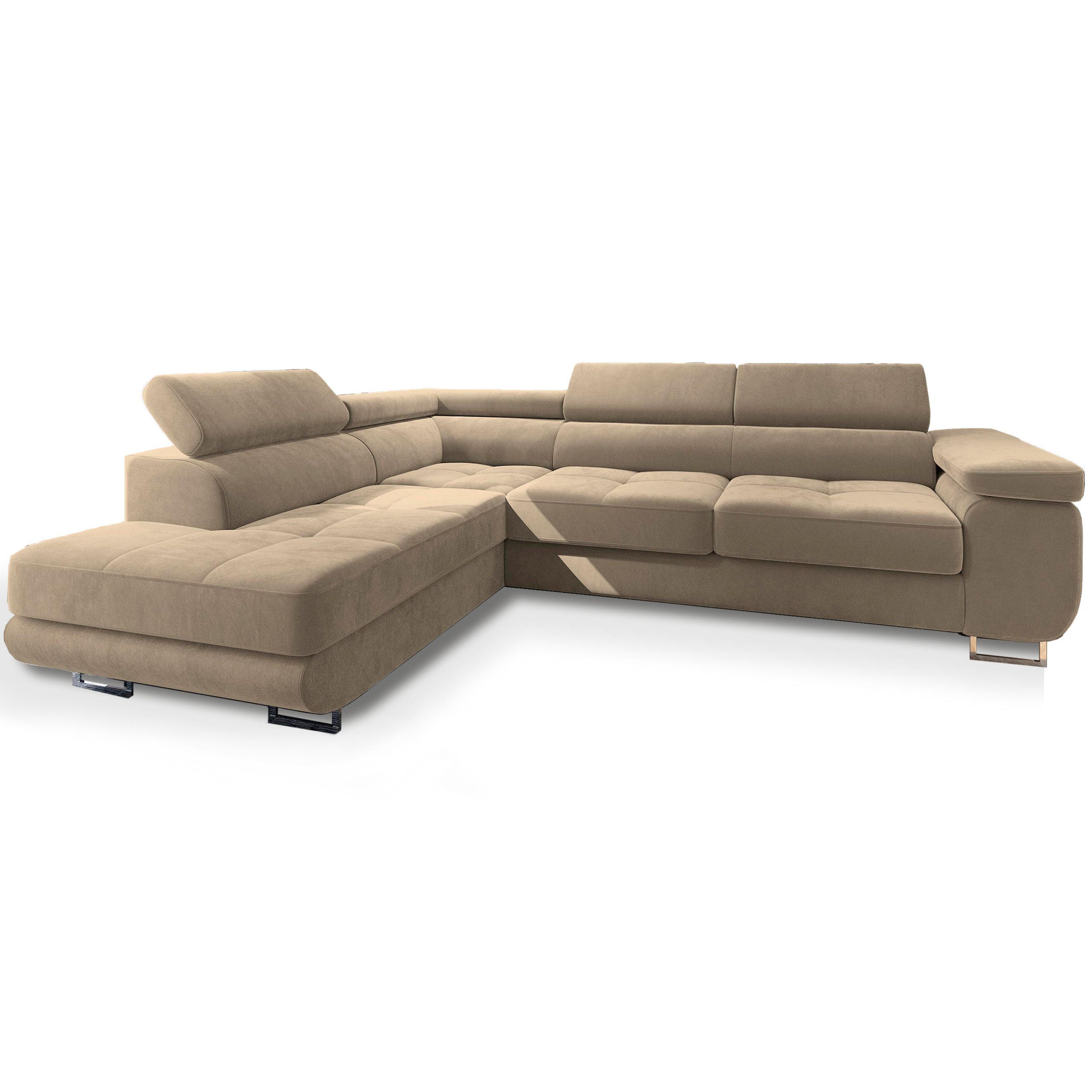 ECKSOFA SELVA L-S Creme Velours-Stoff mit Schlaffunktion - Creme, Holz (275/202cm) - MASSENO
