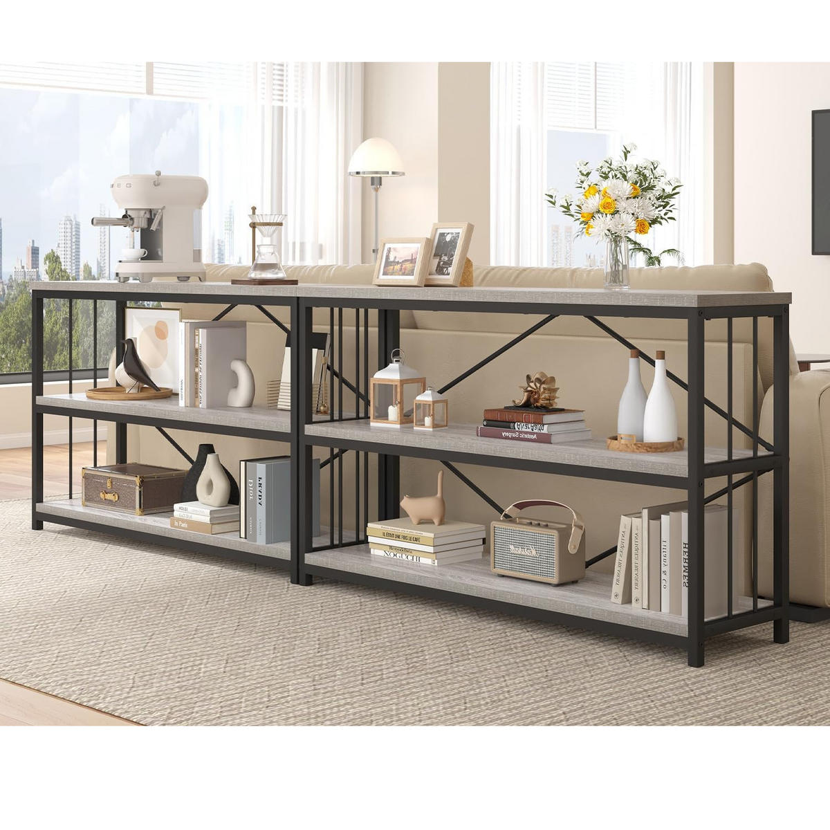 KONSOLENTISCH Metall Holz Industrial Design 140 x 34 x 74 cm - Hellgrau, Holzwerkstoff/Metall (34/140/74cm) - Quality Elegance