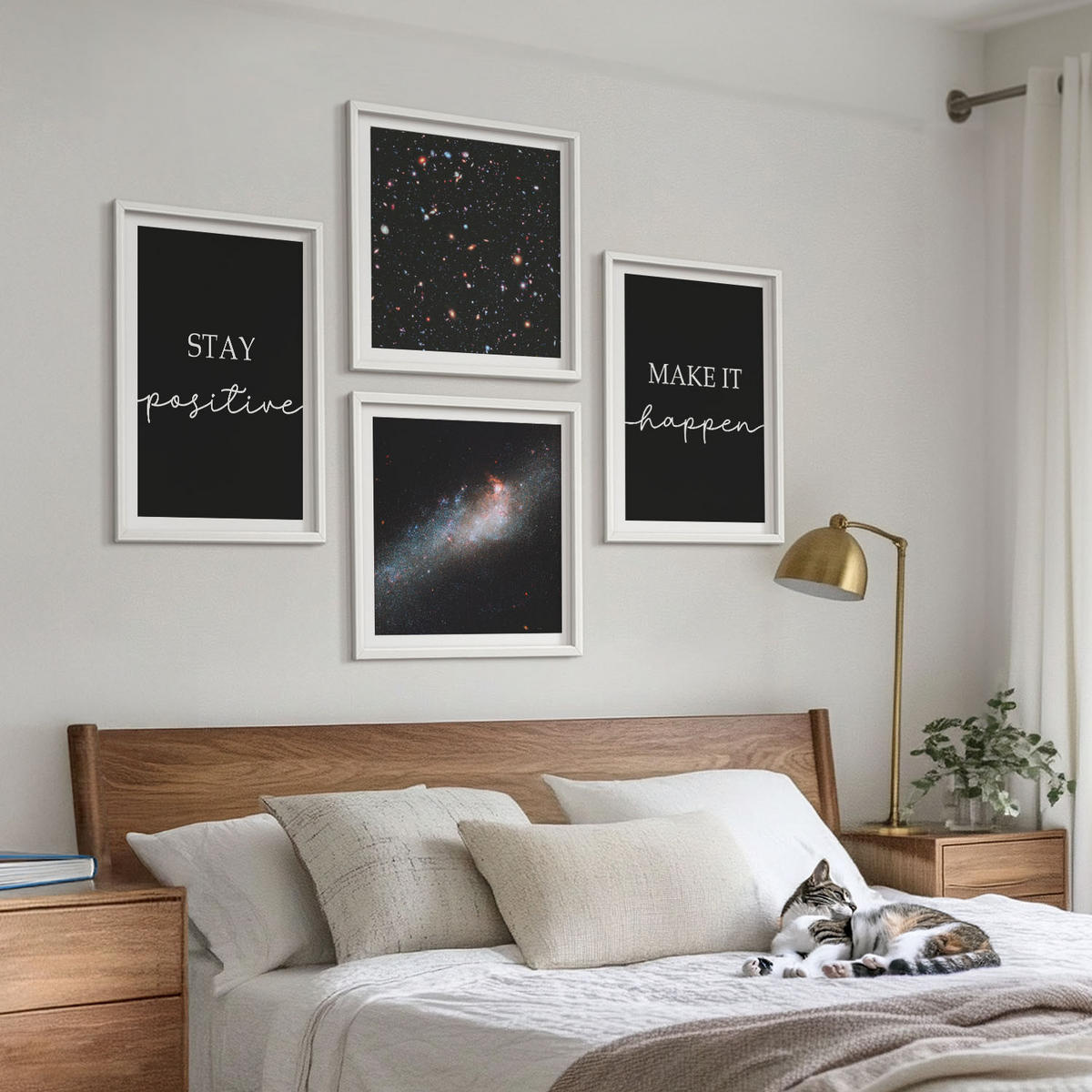 BILDER SET 4er Set - 50x50 cm & 40x60 cm Weißer Rahmen - Motivationsslogans Sterne Weltraum - Weiß, Kunststoff (50/50cm) - TULUP