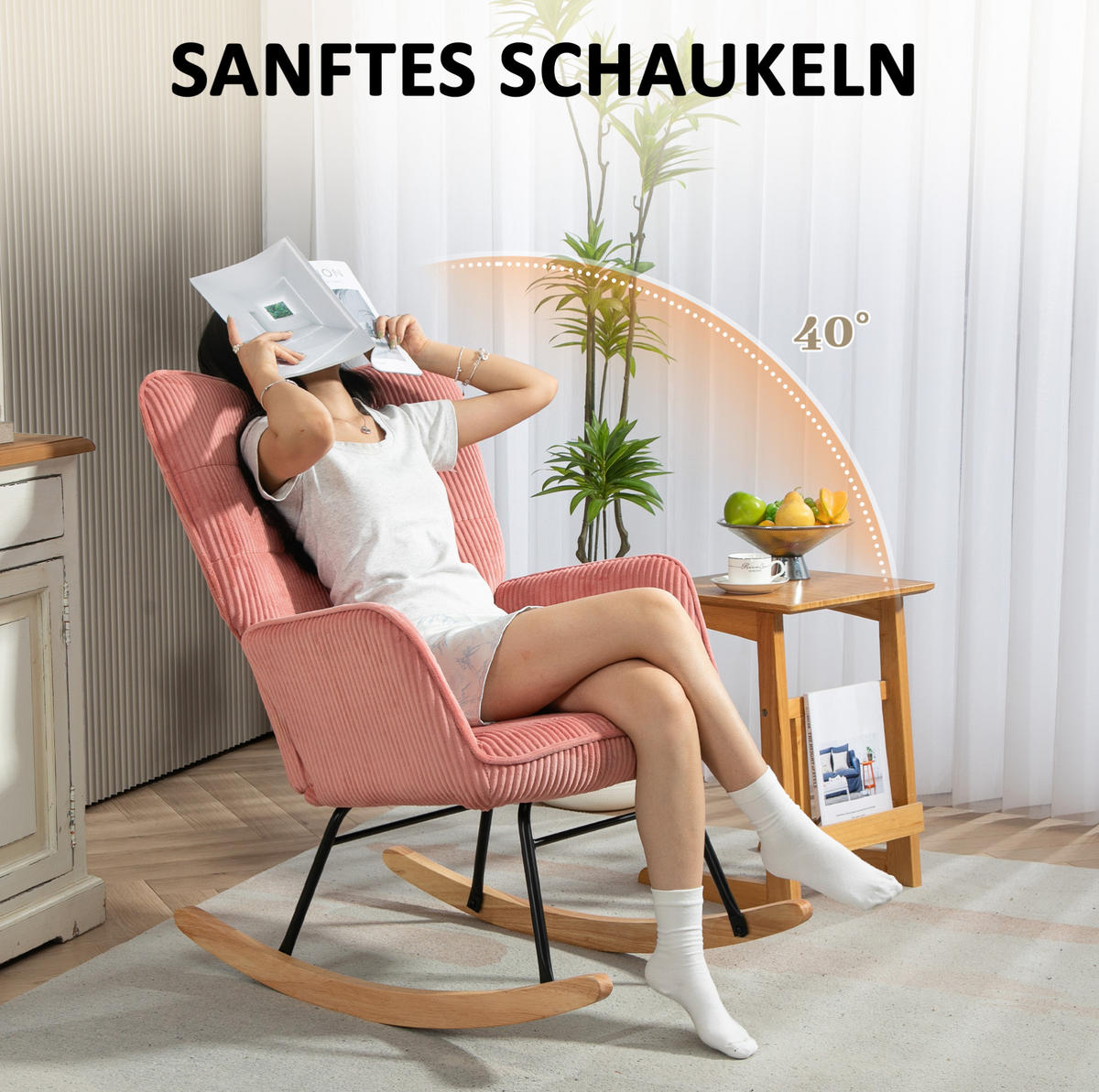 SCHAUKELSTUHL Polyester Kordoptik mit Armlehnen 71/98/101 cm Rosa - Rosa, Textil (98/101/71cm) - Redom