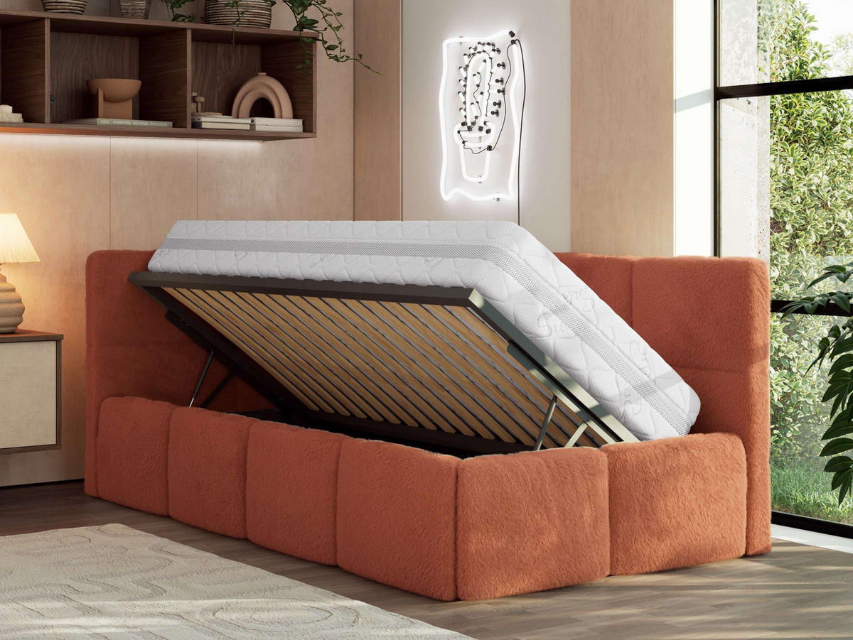 JUGENDBETT ARVO 90/200 - Orange Plüsch - Foam-Matratze - Links Seite - Orange, Textil (90/200cm) - MKS