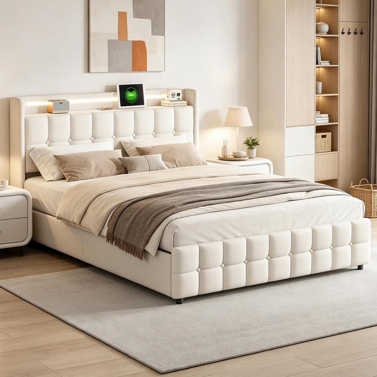 POLSTERBETT 140x200 mit Stauraum, Bettgestell 140x200 mit 4 Schubladen, Kopfteil mit USB und LED, Lattenrost, Bezug aus Leinen, Beige - Beige, Holz/Holzwerkstoff (140/200cm) - GENKI LIVING