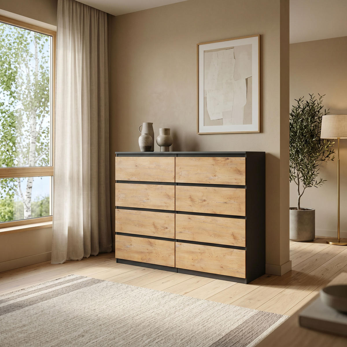 KOMMODE NUDO 120/101,5/39cm mit 8 Schubladen Türen Anthrazit - Eichefarben/Anthrazit, Holzwerkstoff (120/101.5/39cm) - MASSENO