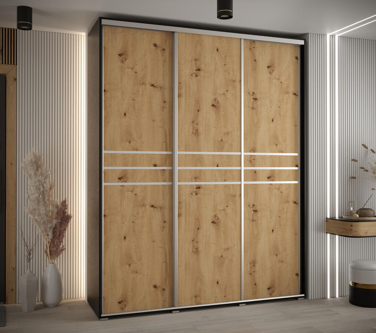 SCHWEBETÜRENSCHRANK 235,2/190/60 3-türig - Silberfarben/Schwarz, Holz/Metall (190/235/60cm) - Abiks Möbel